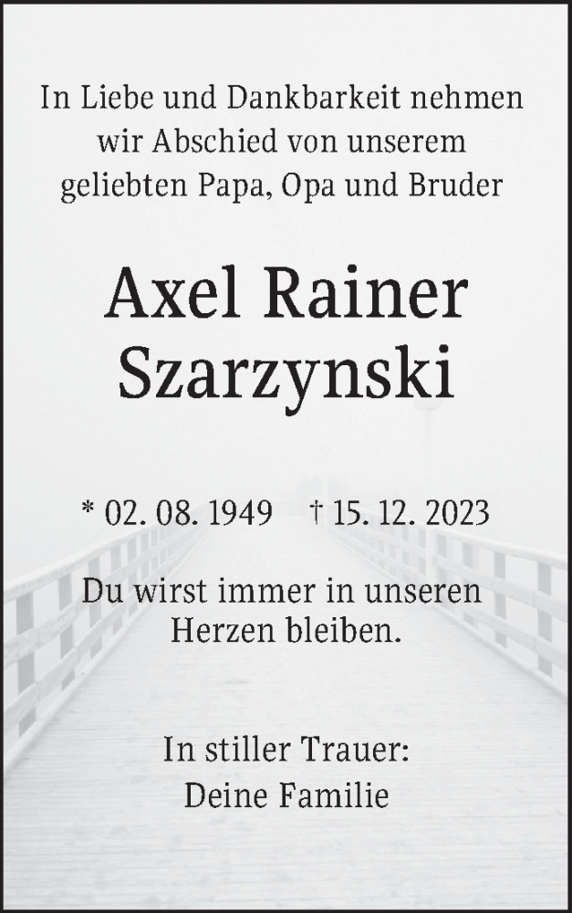  Traueranzeige für Axel Rainer Szarzynski vom 23.12.2023 aus Mannheimer Morgen