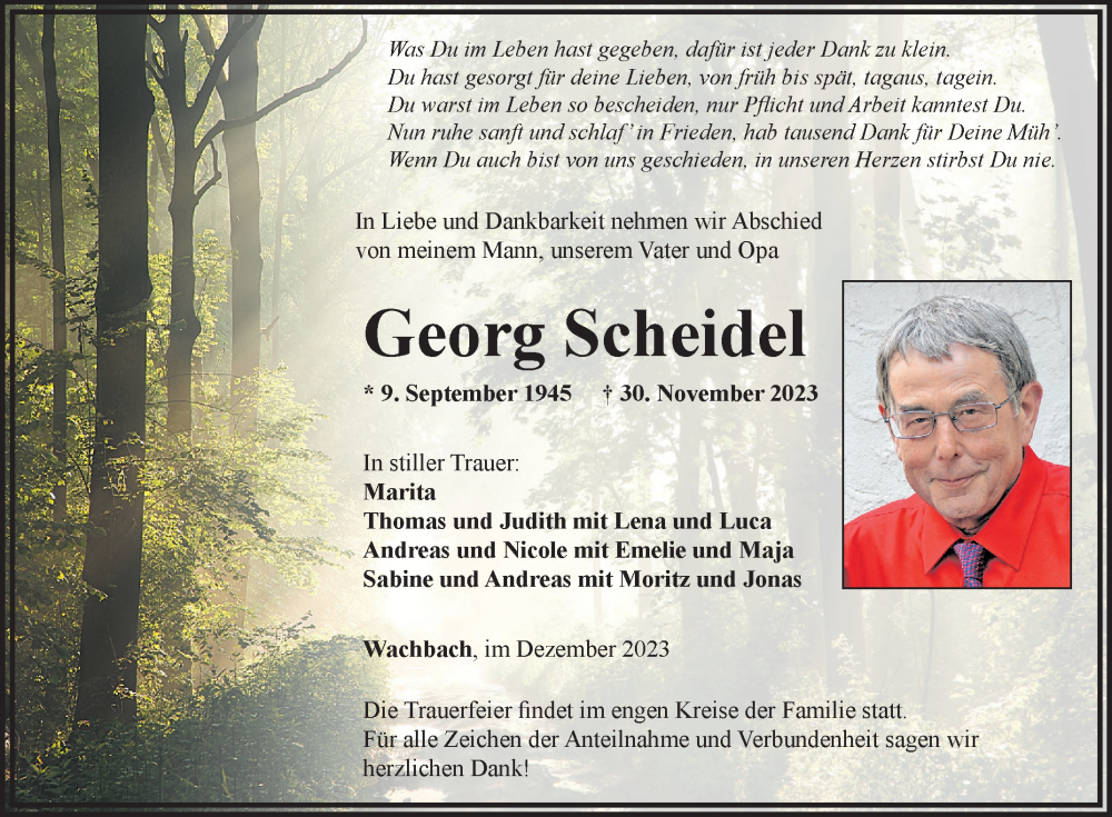  Traueranzeige für Georg Scheidel vom 09.12.2023 aus 