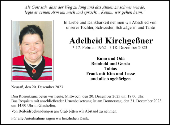 Traueranzeige von Adelheid Kirchgeßner von Fränkische Nachrichten