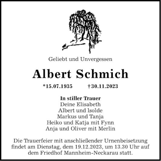 Traueranzeige von Albert Schmich von Mannheimer Morgen