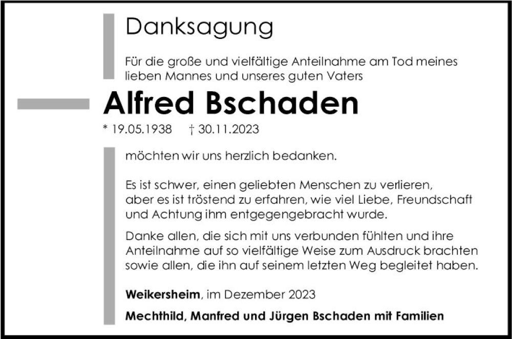  Traueranzeige für Alfred Bschaden vom 28.12.2023 aus Fränkische Nachrichten