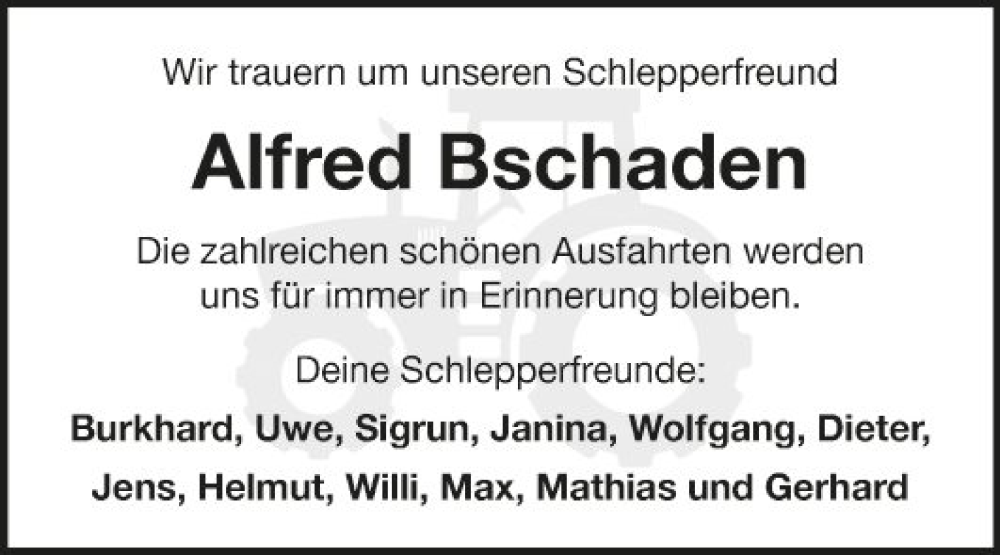  Traueranzeige für Alfred Bschaden vom 12.12.2023 aus Fränkische Nachrichten