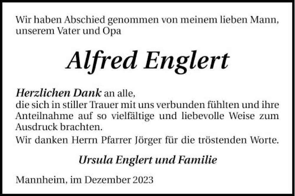  Traueranzeige für Alfred Englert vom 02.12.2023 aus Mannheimer Morgen