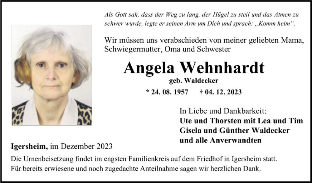  Traueranzeige für Angela Wehnhardt vom 07.12.2023 aus Fränkische Nachrichten