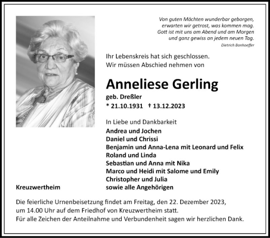 Traueranzeige von Anneliese Gerling von Fränkische Nachrichten