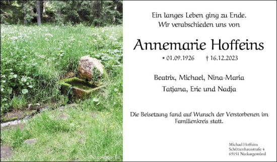 Traueranzeige von Annemarie Hoffeins von Mannheimer Morgen