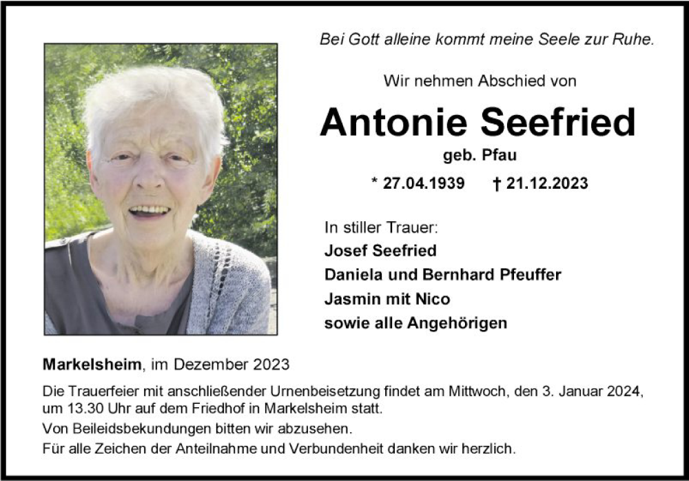  Traueranzeige für Antonie Seefried vom 29.12.2023 aus Fränkische Nachrichten