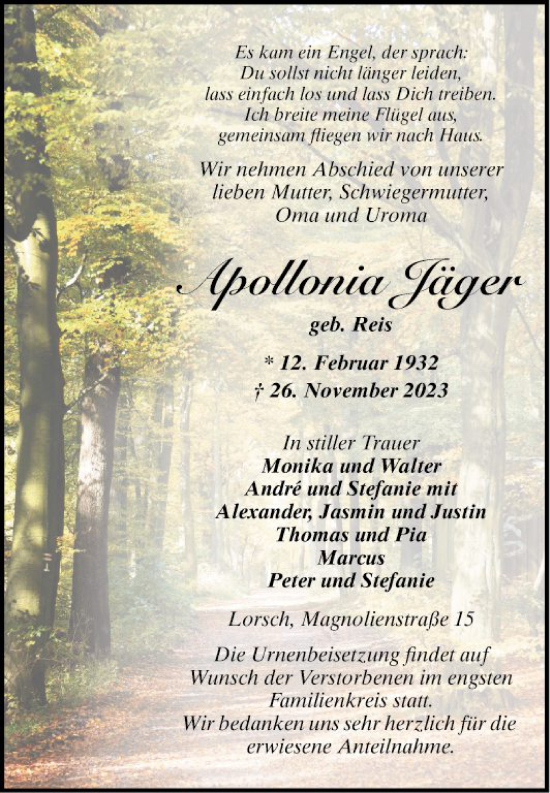 Traueranzeige von Apollonia Jäger von Bergsträßer Anzeiger
