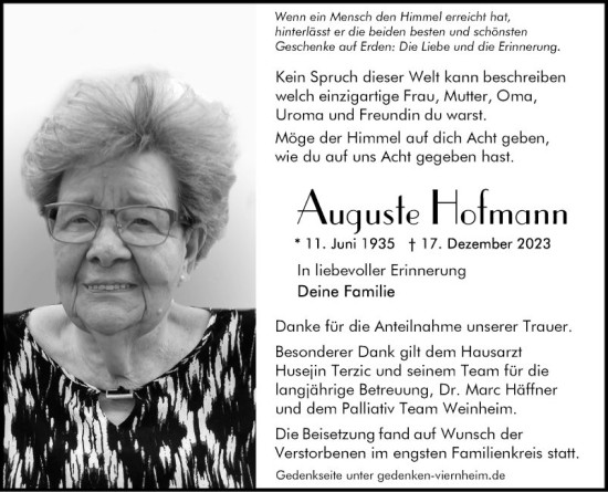 Traueranzeige von Auguste Hofmann von Mannheimer Morgen