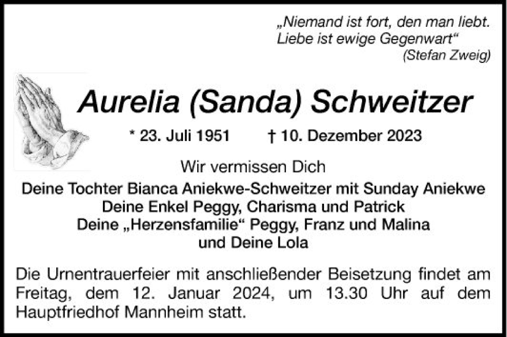  Traueranzeige für Aurelia Schweitzer vom 30.12.2023 aus Mannheimer Morgen