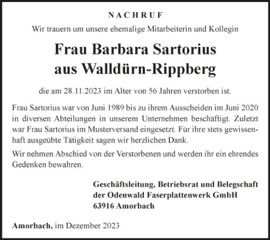 Traueranzeige von Barbara Sartorius von Fränkische Nachrichten