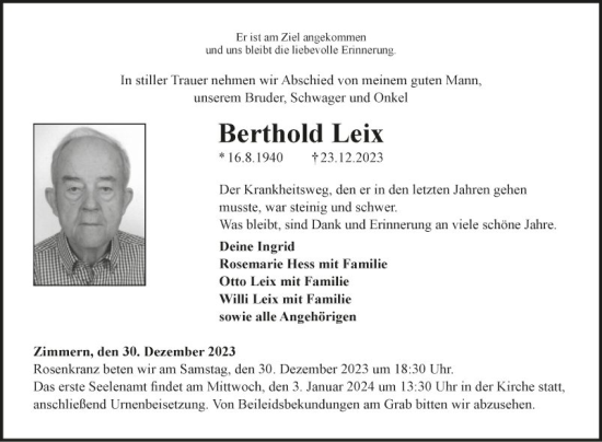 Traueranzeige von Berthold Leix von Fränkische Nachrichten