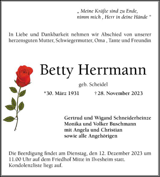 Traueranzeige von Betty Herrmann von Mannheimer Morgen