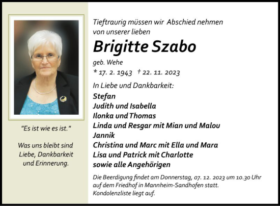 Traueranzeige von Brigitte Szabo von Mannheimer Morgen
