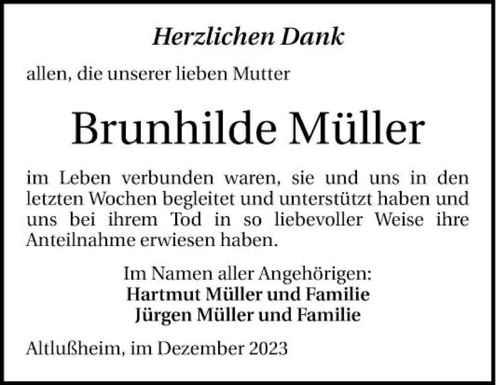  Traueranzeige für Brunhilde Müller vom 21.12.2023 aus Schwetzinger Zeitung