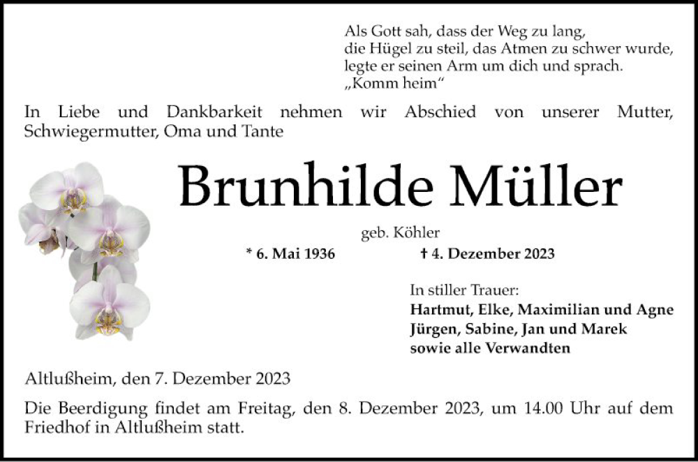  Traueranzeige für Brunhilde Müller vom 07.12.2023 aus Schwetzinger Zeitung