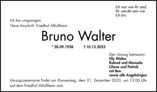 Traueranzeige von Bruno Walter von Schwetzinger Zeitung