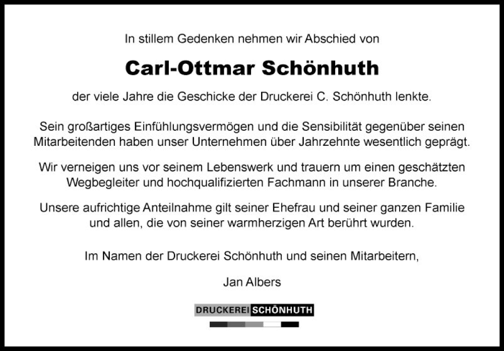  Traueranzeige für Carl-Ottmar Schönhuth vom 14.12.2023 aus Fränkische Nachrichten