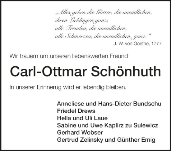 Traueranzeige von Carl-Ottmar Schönhuth von Fränkische Nachrichten