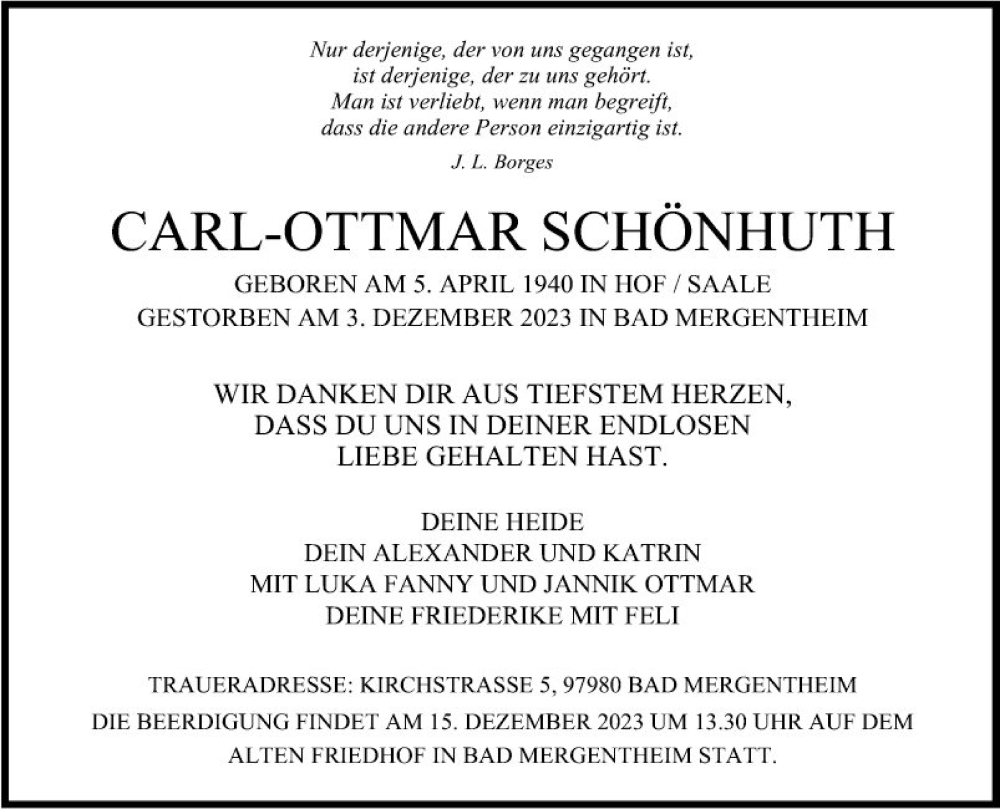  Traueranzeige für Carl-Ottmar Schönhuth vom 12.12.2023 aus Fränkische Nachrichten