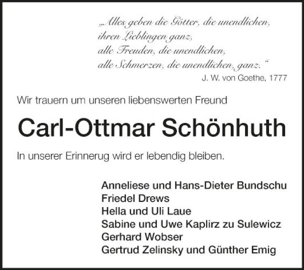  Traueranzeige für Carl-Ottmar Schönhuth vom 12.12.2023 aus Fränkische Nachrichten