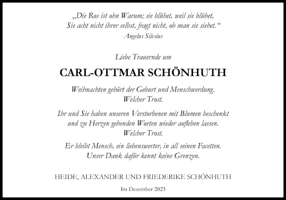  Traueranzeige für Carl-Ottmar Schönhuth vom 27.12.2023 aus Fränkische Nachrichten