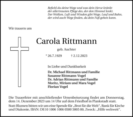 Traueranzeige von Carola Kittmann von Schwetzinger Zeitung