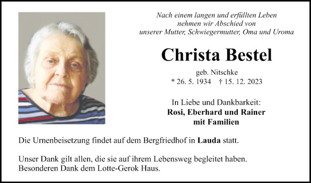  Traueranzeige für Christa Bestel vom 22.12.2023 aus Fränkische Nachrichten