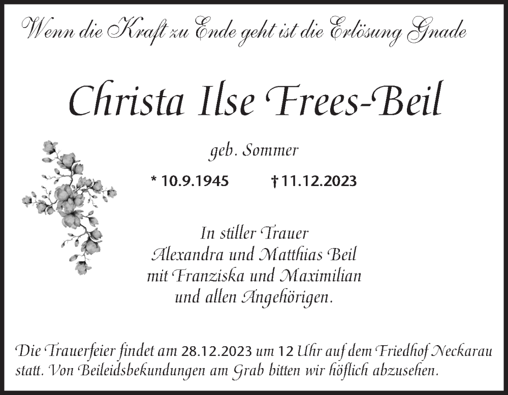  Traueranzeige für Christa Ilse Frees-Beil vom 23.12.2023 aus Mannheimer Morgen