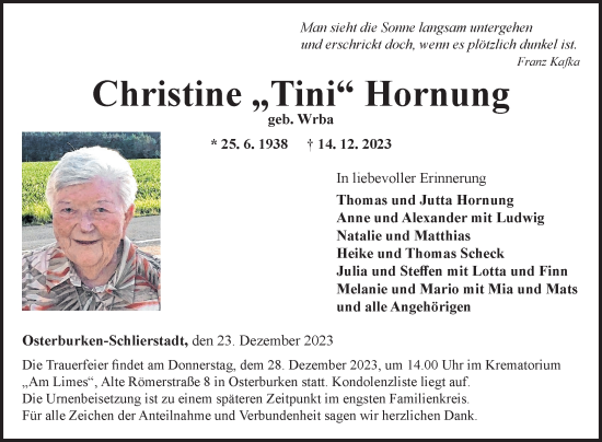 Traueranzeige von Christine Tini Hornung von Fränkische Nachrichten