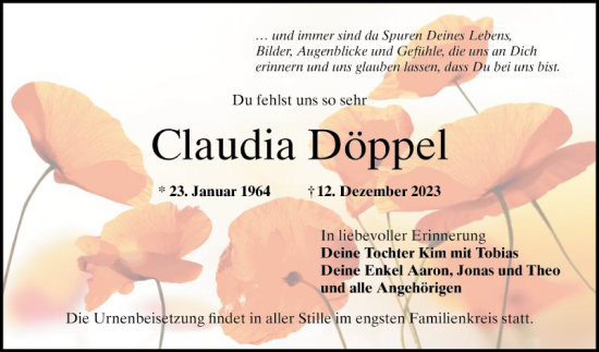 Traueranzeige von Claudia Döppel von Bergsträßer Anzeiger