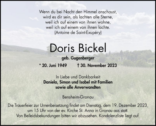 Traueranzeige von Doris Bickel von Bergsträßer Anzeiger