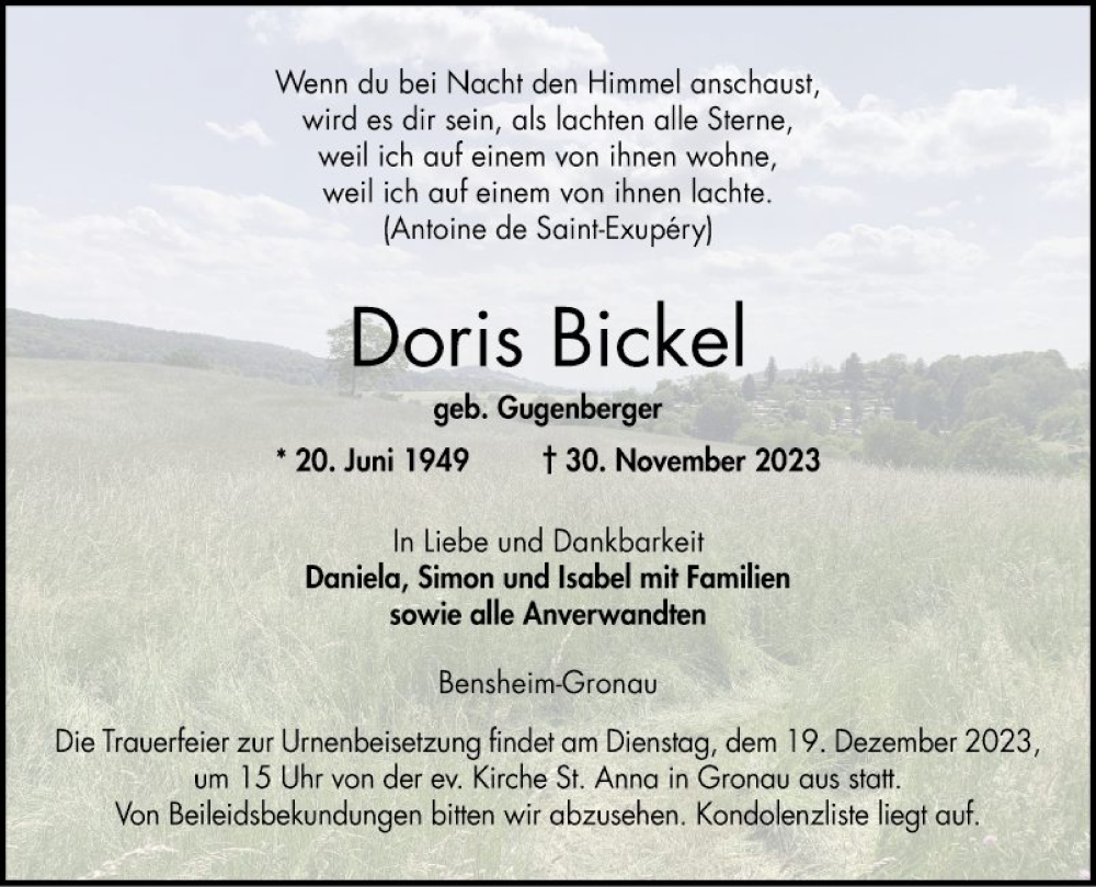  Traueranzeige für Doris Bickel vom 16.12.2023 aus Bergsträßer Anzeiger