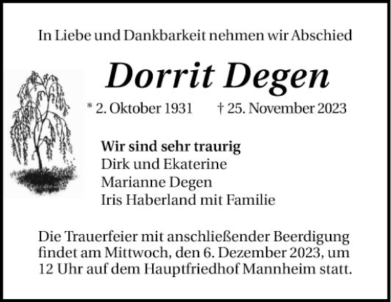 Traueranzeige von Dorrit Degen von Mannheimer Morgen