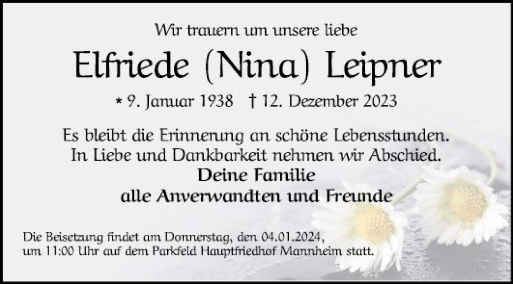  Traueranzeige für Elfriede  Leipner vom 21.12.2023 aus Mannheimer Morgen