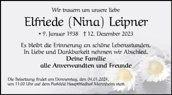 Traueranzeige von Elfriede  Leipner von Mannheimer Morgen