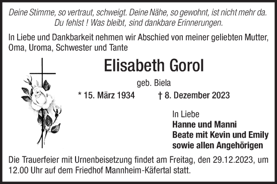 Traueranzeige von Elisabeth Gorol von Mannheimer Morgen