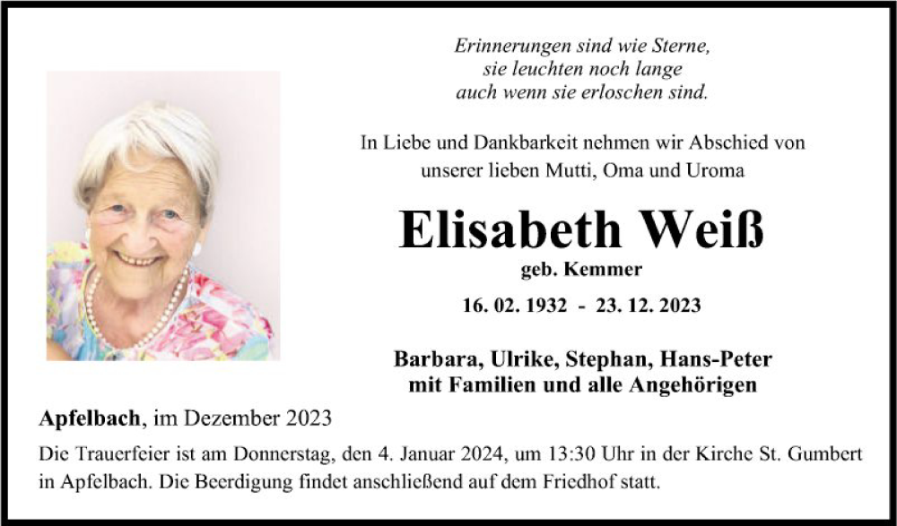  Traueranzeige für Elisabeth Weiß vom 30.12.2023 aus Fränkische Nachrichten