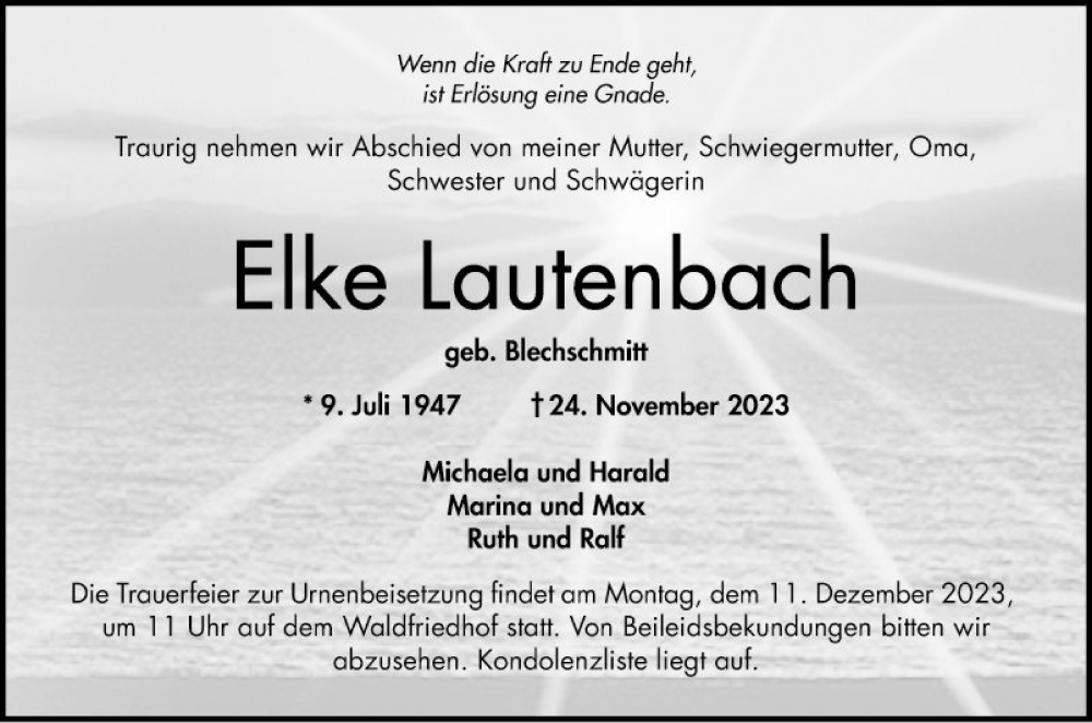  Traueranzeige für Elke Lautenbach vom 06.12.2023 aus Bergsträßer Anzeiger