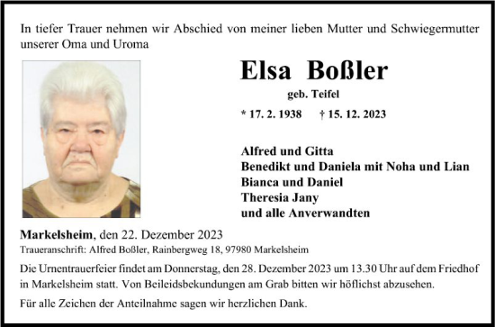 Traueranzeige von Elsa Boßler von Fränkische Nachrichten