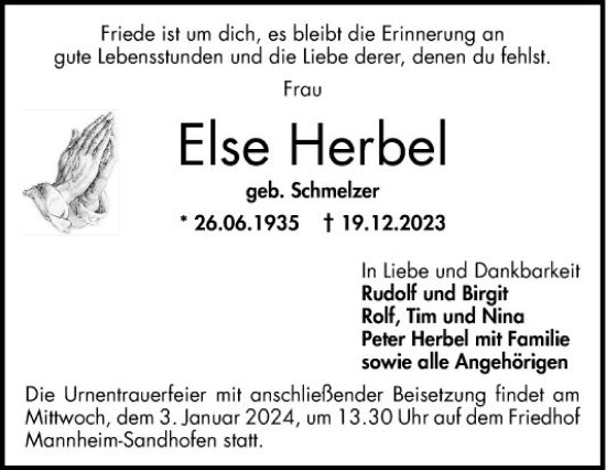Traueranzeige von Else Herbel von Mannheimer Morgen