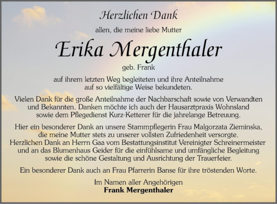 Traueranzeige von Erika Mergenthaler von Schwetzinger Zeitung