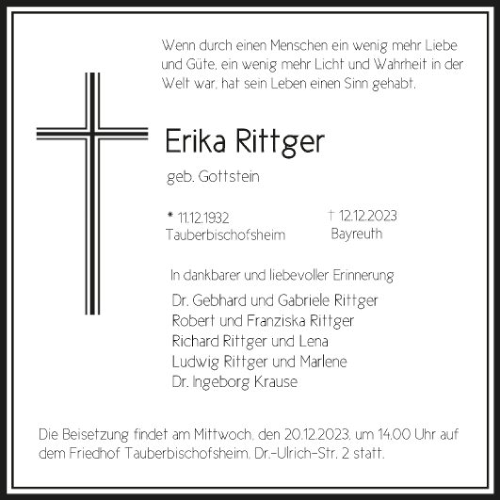  Traueranzeige für Erika Rittger vom 16.12.2023 aus Fränkische Nachrichten