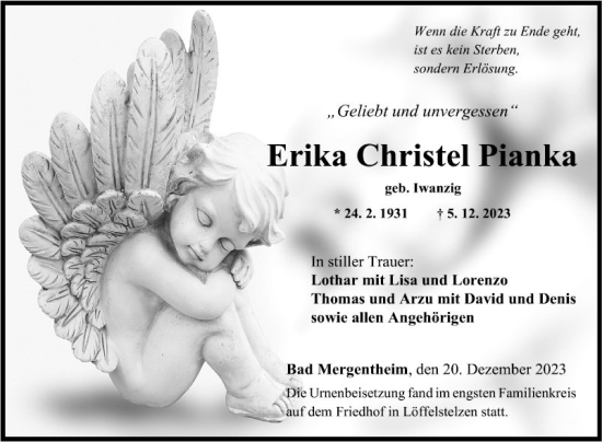 Traueranzeige von Erika Christel Pianka von Fränkische Nachrichten