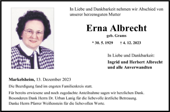 Traueranzeige von Erna Albrecht von Fränkische Nachrichten