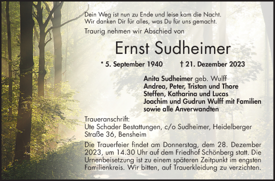 Traueranzeige von Ernst Sudheimer von Bergsträßer Anzeiger