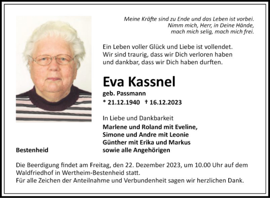 Traueranzeige von Eva Kassnel von Fränkische Nachrichten