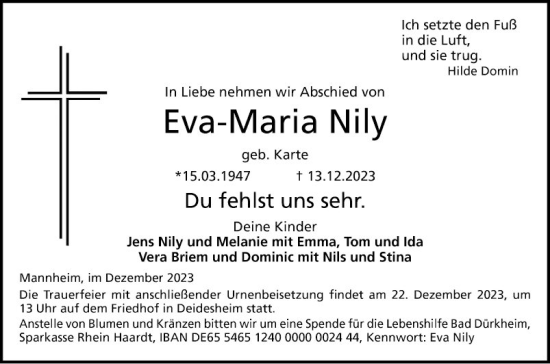 Traueranzeige von Eva-Maria Nily von Mannheimer Morgen