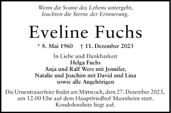 Traueranzeige von Eveline Fuchs von Mannheimer Morgen