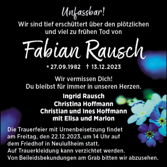 Traueranzeige von Fabian Rausch von Schwetzinger Zeitung
